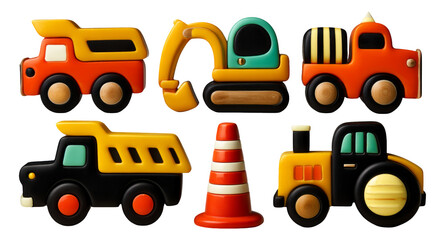 Colorful Construction Vehicles and Traffic Cone Toy Shapes on Transparent Background