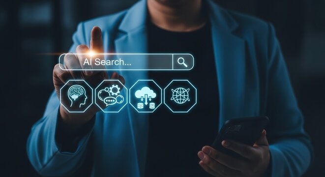 AI Search Engine Technology Concept. Interacting with the AI Search bar, representing artificial intelligence, chatbot, data cloud, global connectivity, and future innovation.