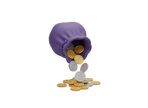 Purple Fabric Pouch Spilling Shiny Gold and Silver Coins Onto a Transparent Background with Realistic Lighting and Reflections