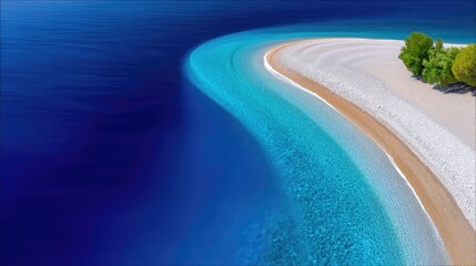 High Angle View Of A Serene Curved Shoreline With Crystal Clear Turquoise Water Gently Meeting A Pebble Beach Lined With Lush Green Trees Under Bright Sunlight
