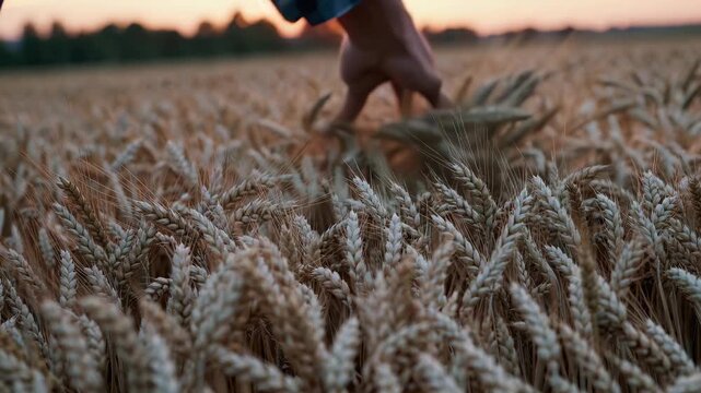 Immerse yourself in the beauty of a golden wheat field at sunset. This video captures the essence of harvest as a hand gently brushes through the ripe grains, showcasing the bounty of nature.