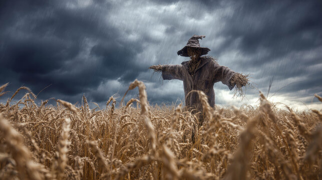 Scarecrow standing in golden wheat field under dramatic stormy sky with dark clouds - Powered by Adobe