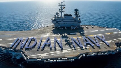 Indian Navy sailors forming words on aircraft carrier deck at sea, military vessel in ocean