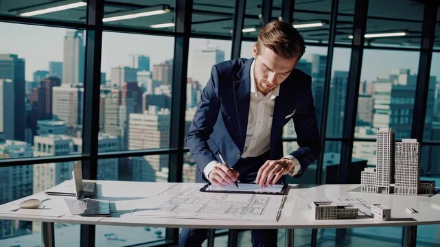 This engaging video features an architect in formal attire reviewing blueprints and designs at a modern office. The stunning skyline view serves as inspiration for innovative building projects.
