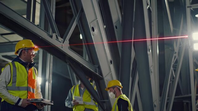 In this compelling video, construction workers in safety vests and hard hats utilize a laser level to ensure precise measurements. Their focus and collaboration illustrate the importance of accuracy i