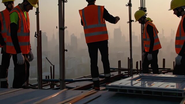 This engaging video showcases construction workers in safety vests and helmets on a skyscraper rooftop at sunset. Their teamwork and dedication highlight the hard work that goes into building our citi