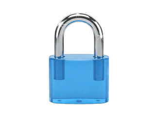 Naklejka premium Shiny Blue Transparent Padlock With Silver Metal Shackle Isolated On Black Background High Detail Studio Shot
