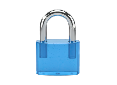 Shiny Blue Transparent Padlock With Silver Metal Shackle Isolated On Black Background High Detail Studio Shot