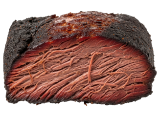 Perfectly smoked beef brisket with dark bark and tender juicy pink interior