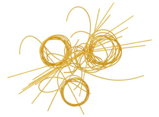 Golden uncooked spaghetti pasta strands tangled and coiled, ready for cooking