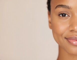 Close-up of young woman with smooth healthy skin smiling, looking at camera against beige background. Concept of skincare, beauty, and wellness. Hafl face portrait. Copy space