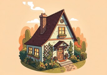 Charming cartoon house nestled amongst vibrant foliage exudes whimsical domesticity and invites imaginative storytelling