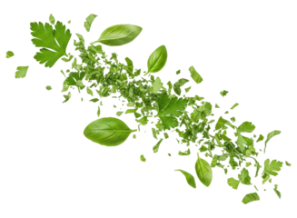 Vibrant green chopped herbs and whole basil leaves in a lively culinary composition