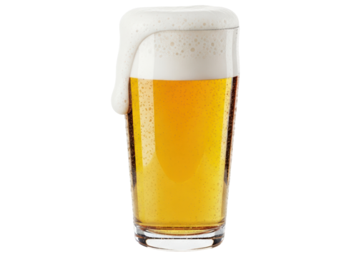 Refreshing golden beer in a classic pint glass with abundant frothy foam overflowing