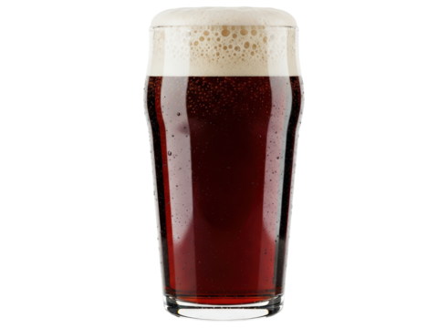 Refreshing dark craft beer with a creamy head in a classic pint glass
