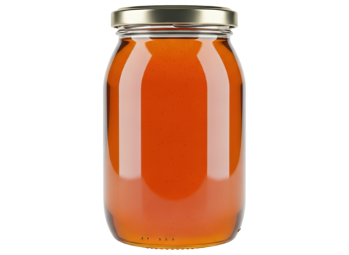 Clear glass jar with golden honey, sealed with a metallic lid for fresh preservation