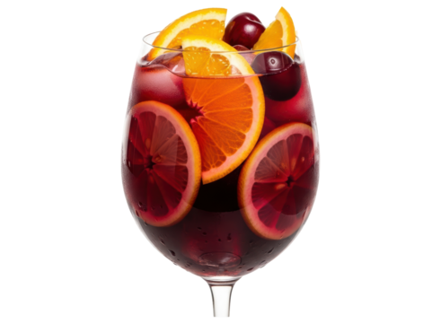 Refreshing red sangria cocktail with citrus slices and cherries in a wine glass