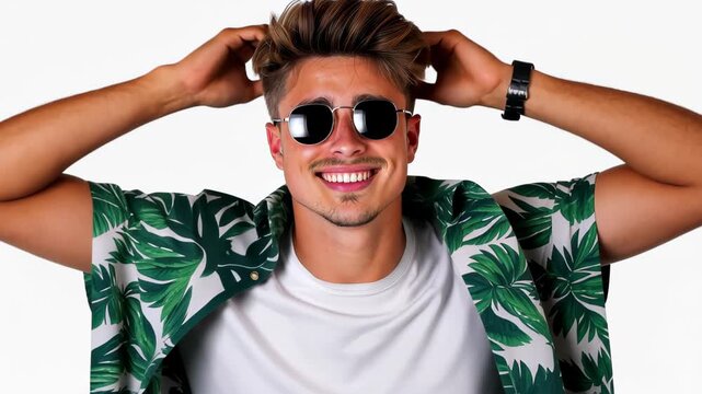 Summer Bliss: A stylish man, radiates joy and carefree vibes, donning sunglasses and a tropical shirt, enjoying a sunny day.
