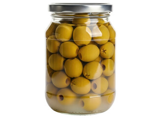 Glass jar filled with vibrant green olives in brine, ready for culinary use.