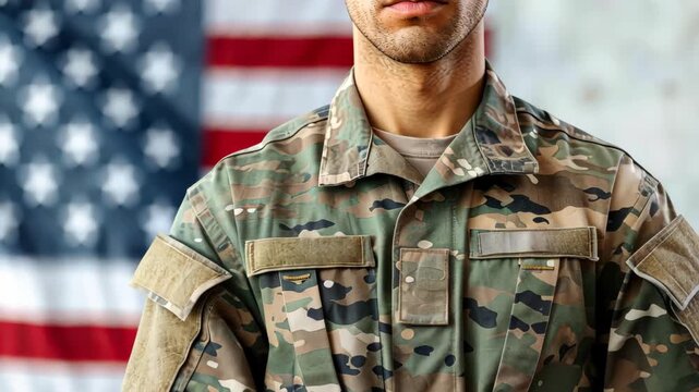A Patriot's Pride: A close-up portrait of a soldier, a symbol of honor and valor, with the American flag in the background, representing patriotism and sacrifice. 