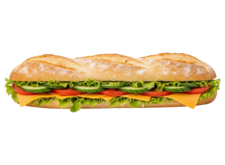 Freshly prepared delicious baguette sandwich with crisp lettuce, sliced cucumber, juicy tomato, and cheese