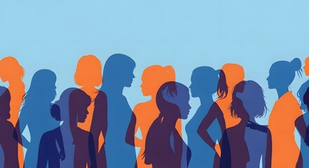 Silhouettes of diverse women in shades of orange and blue are layered against a light blue background. It evokes a sense of community and unity.