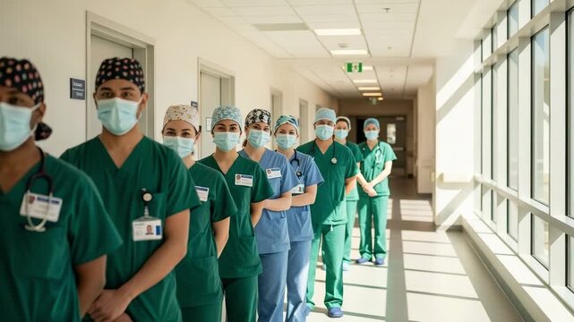 Diverse Team of Dedicated Healthcare Professionals, Men and Women, Wearing Medical Masks and Green Scrubs in a Modern Hospital Corridor