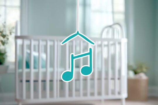Gentle soothing musical mobile delicately hanging above a pristine baby crib designed to create a tranquil ambiance for nourishing sleep and relaxation in a serene nursery setting