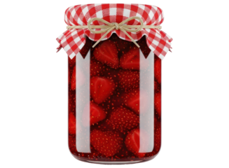 Delicious homemade strawberry preserves in a glass jar with a rustic checkered lid