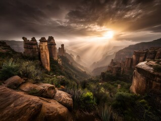 Fototapeta premium echoing. Sound waves echoing between canyon walls in a misty valley, wide landscape view. travel magazines, destination branding, designed for outdoor magazines and nature guides.