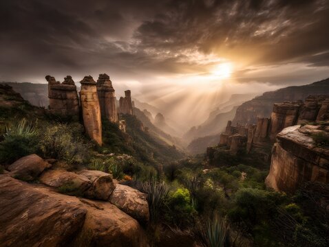 echoing. Sound waves echoing between canyon walls in a misty valley, wide landscape view. travel magazines, destination branding, designed for outdoor magazines and nature guides.