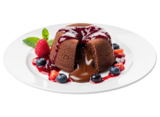 Delicious chocolate lava cake with molten center, berry sauce, and fresh fruit