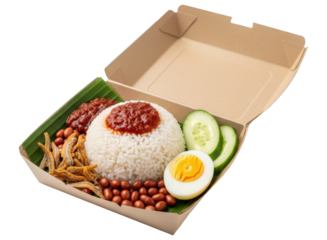 Delicious nasi lemak with sambal, anchovies, egg, and peanuts in a takeout container