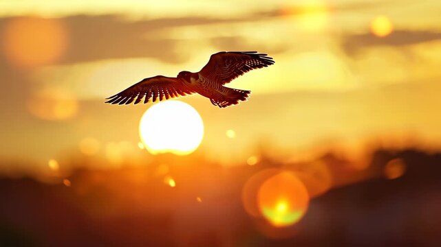 Soaring Hawk at Sunset: A hawk gracefully soars across the sky, its silhouette set against the radiant hues of a setting sun. Witness the freedom and beauty of nature in this awe-inspiring moment.