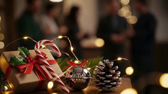 Festive Christmas decorations on a wooden table, featuring a wrapped gift, candy cane, jingle bell, and pinecone, illuminated by warm string lights with blurred people in the background.