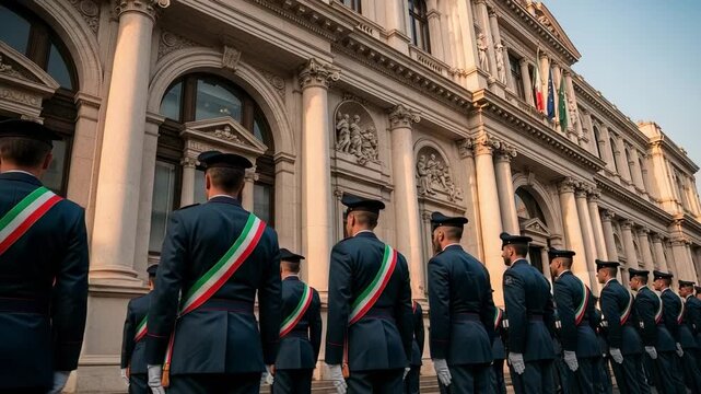 Rear view of uniformed officers with Italian flag sashes lined up formally in front of an ornate government building