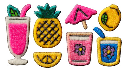 Colorful Embroidered Tropical Drinks and Fruits on Transparent Background Image