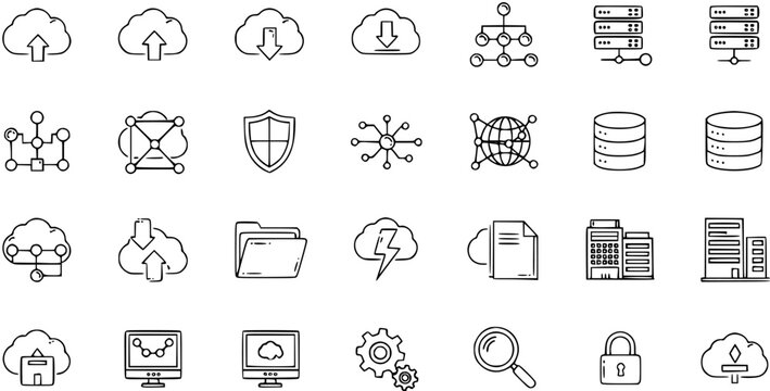 Hand Drawn Doodle Cloud Computing  IT Icons Set. Network, Data, Server, Security, and Storage Technology Sketches.