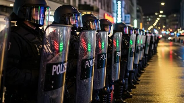 Line of riot police officers in full protective gear standing on a wet city street at night, ready for public order duty.