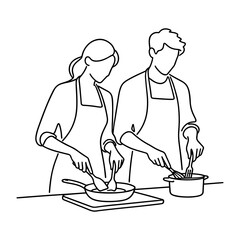 Minimalist Line Art Drawing of Couple Cooking Together