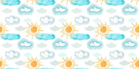 Cute watercolor painting weather elements seamless pattern. Hand painted print with sun, blue and gray clouds for kids textile, wrapping paper, cloudscape surface design, background