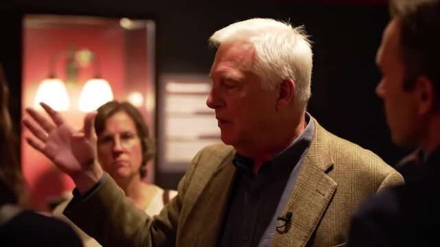 An older man with white hair gestures emphatically while speaking to a group of people at an indoor event.