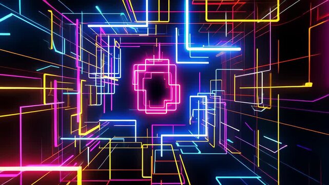 Digital Network Visualization: Dynamic neon lines illuminate a digital network, creating a vibrant representation of interconnected systems and technology.