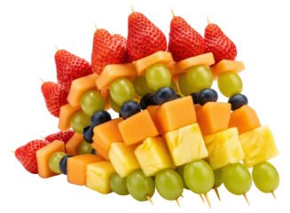 Colorful fruit skewers piled high with fresh strawberries, grapes, pineapple, cantaloupe, and blueberries