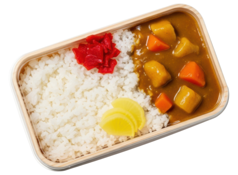 Delicious japanese curry rice bento box with pickles for a convenient takeaway meal