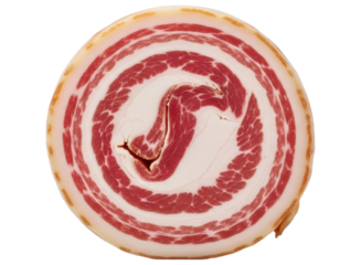 Close up of a delicious rolled slice of pancetta, an italian cured pork belly
