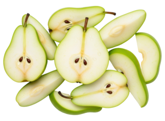 Fresh green pear halves and slices, ripe and juicy, ready for healthy eating