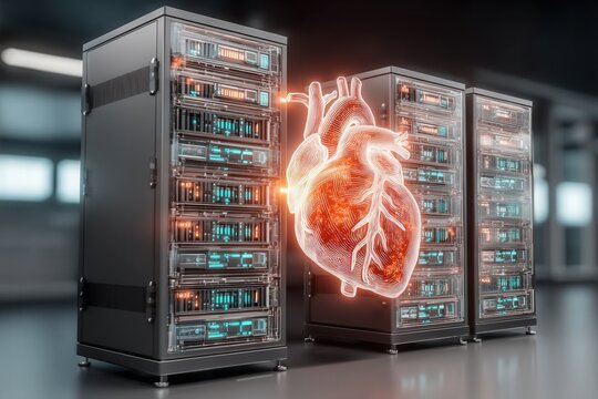 Integrating Biological Dynamics Within Technological Frameworks Showcasing a Heart Illustration Merging with Advanced Data Storage Solutions captured with clarity