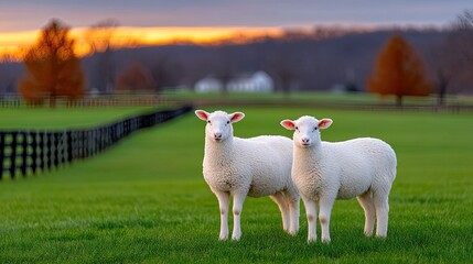 Obraz premium Two White Sheep Stand In Lush Green Field With Dark Wooden Fence Under A Warm Sunset Sky With Orange Hues And Bare Trees In The Background