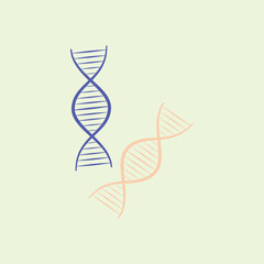 Two DNA helix illustrations in blue and peach on a light green background, representing genetics, biology, and molecular science.